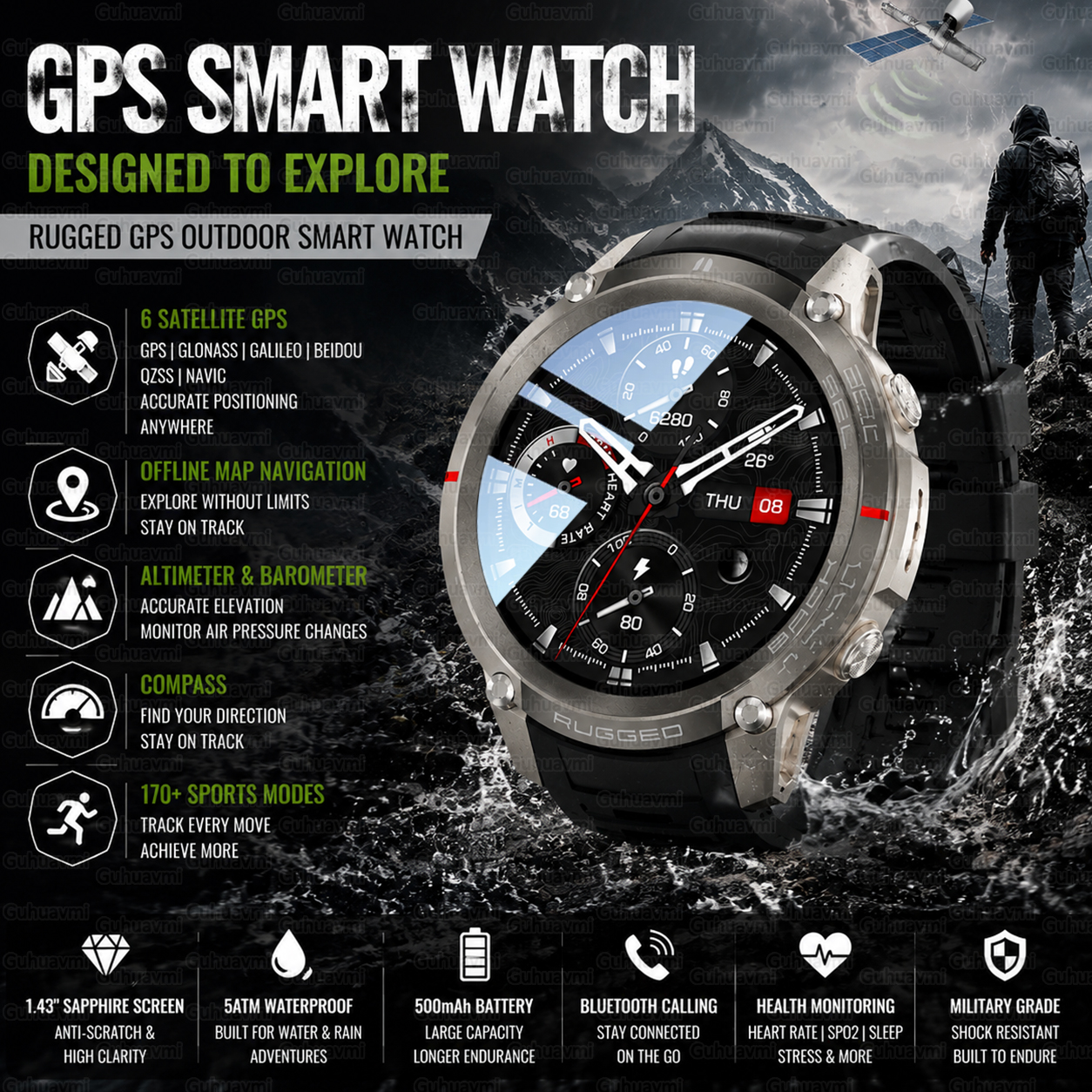 Outdoor Adventure Hours - Outdoor Tactical GPS Smart Watch Offine